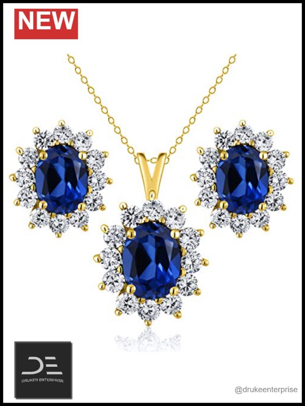 925 Sterling Silver Oval Halo Jewelry Set Pendant Earrings 18K Gold Plated